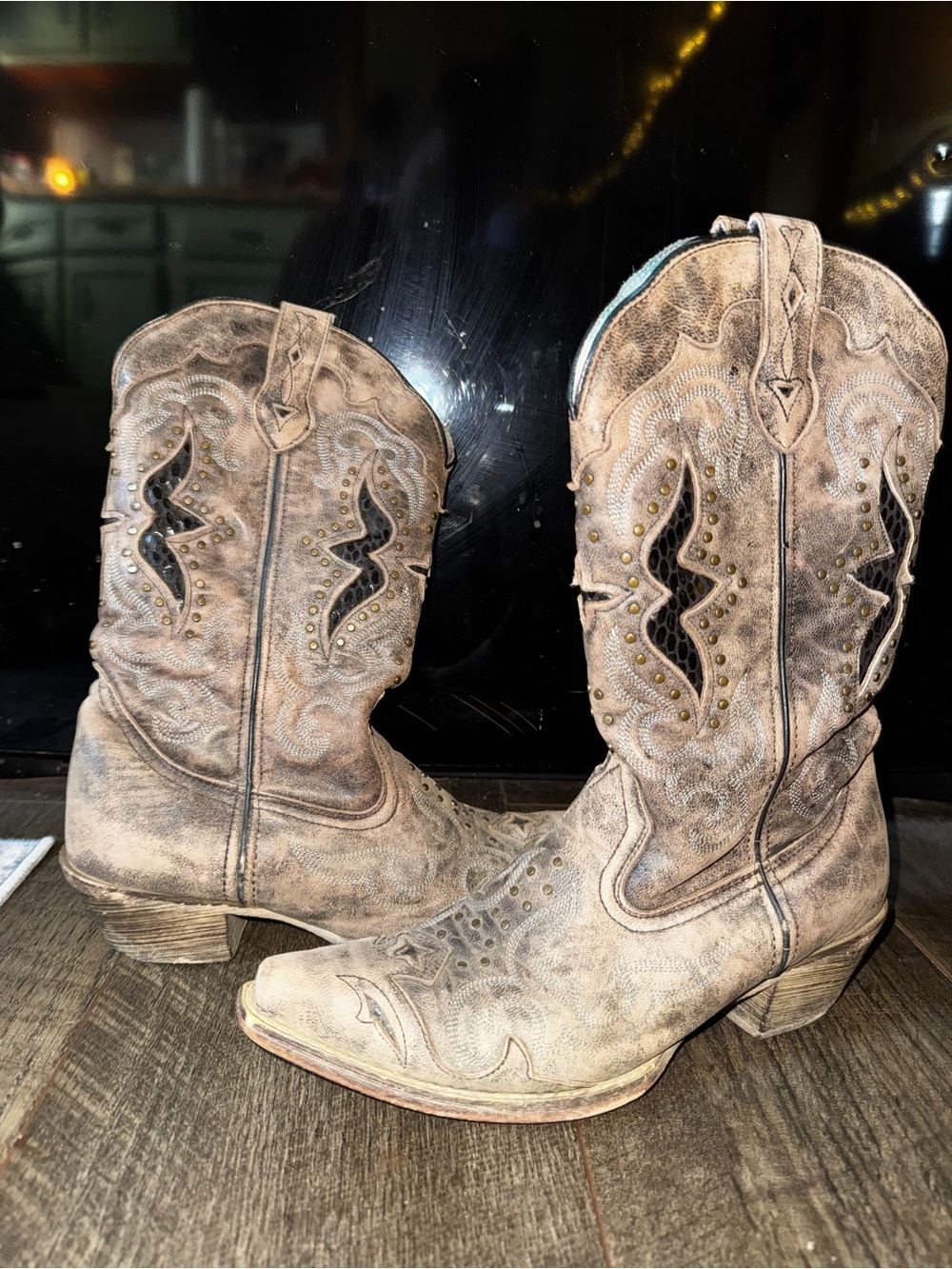 Laredo Taupe/Brown Distressed Western Boots with Studded Cutouts